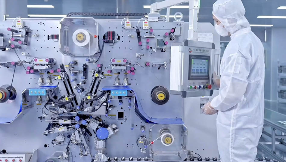 Automated lithium battery production line with high-speed precision equipment and operator in cleanroom